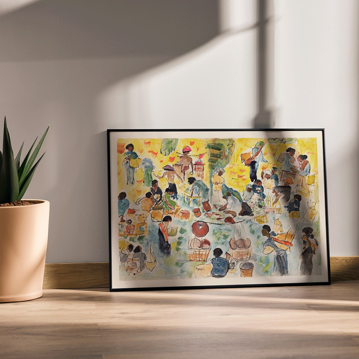 Vibrant market scene in the Dutch East Indies by Pierre Jean Apol featuring bustling merchants and colorful goods, framed and displayed in home decor