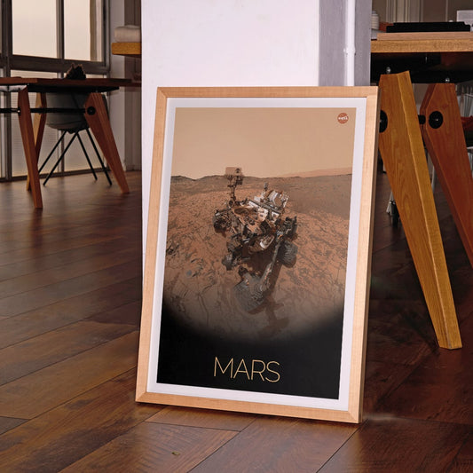 Mars exploration rover by NASA on the Martian surface in the Rover on Mars poster with NASA logo in top right corner, framed and displayed in home decor