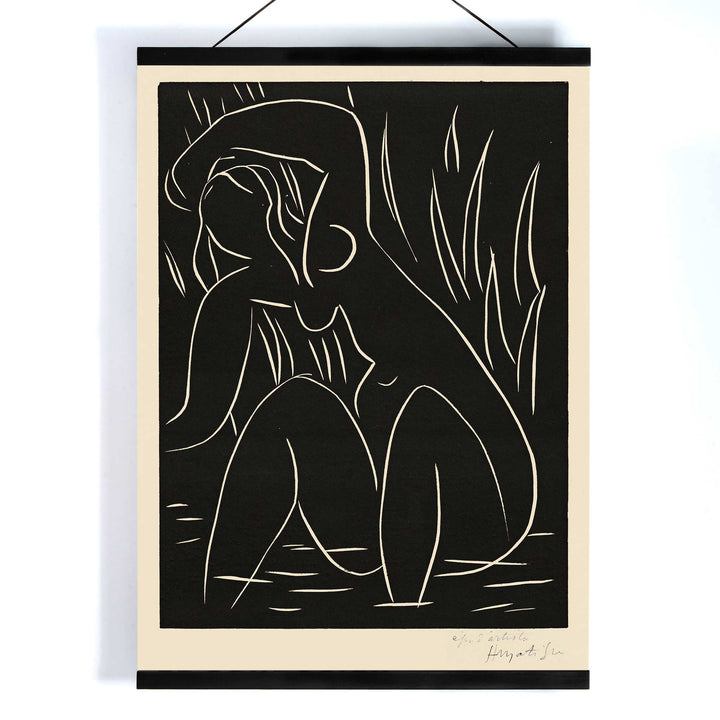 Henri Matisse The Afternoon poster minimalist black line figure on dark background with white contours and vertical strokes, with wooden magnetic frame on white background