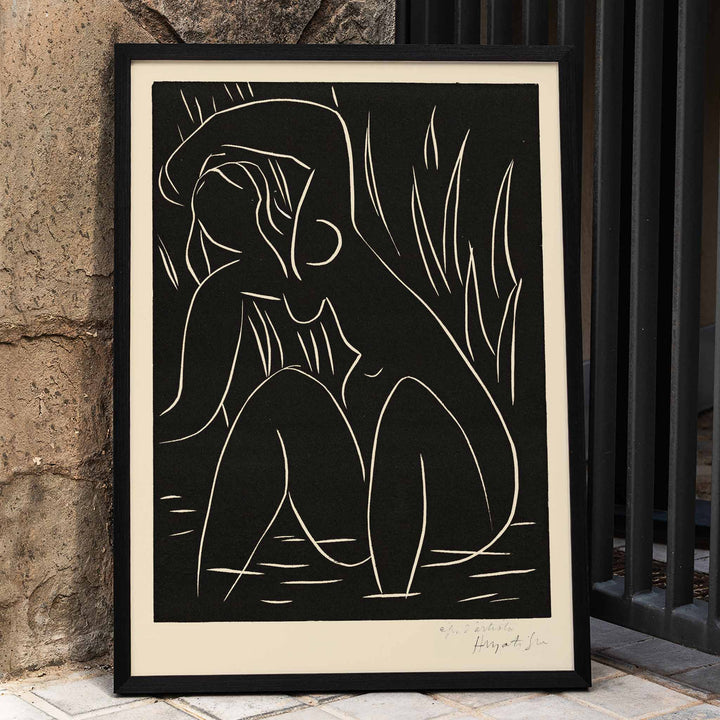Henri Matisse The Afternoon poster minimalist black line figure on dark background with white contours and vertical strokes, framed and displayed in home decor