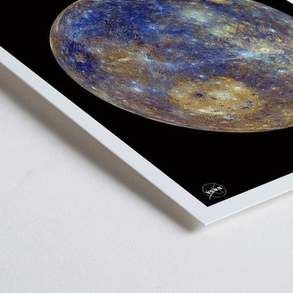 Closeup detail of NASA Mercury artwork and poster showing the planet in vivid colors and detailed surface against a black background with Mercury title below