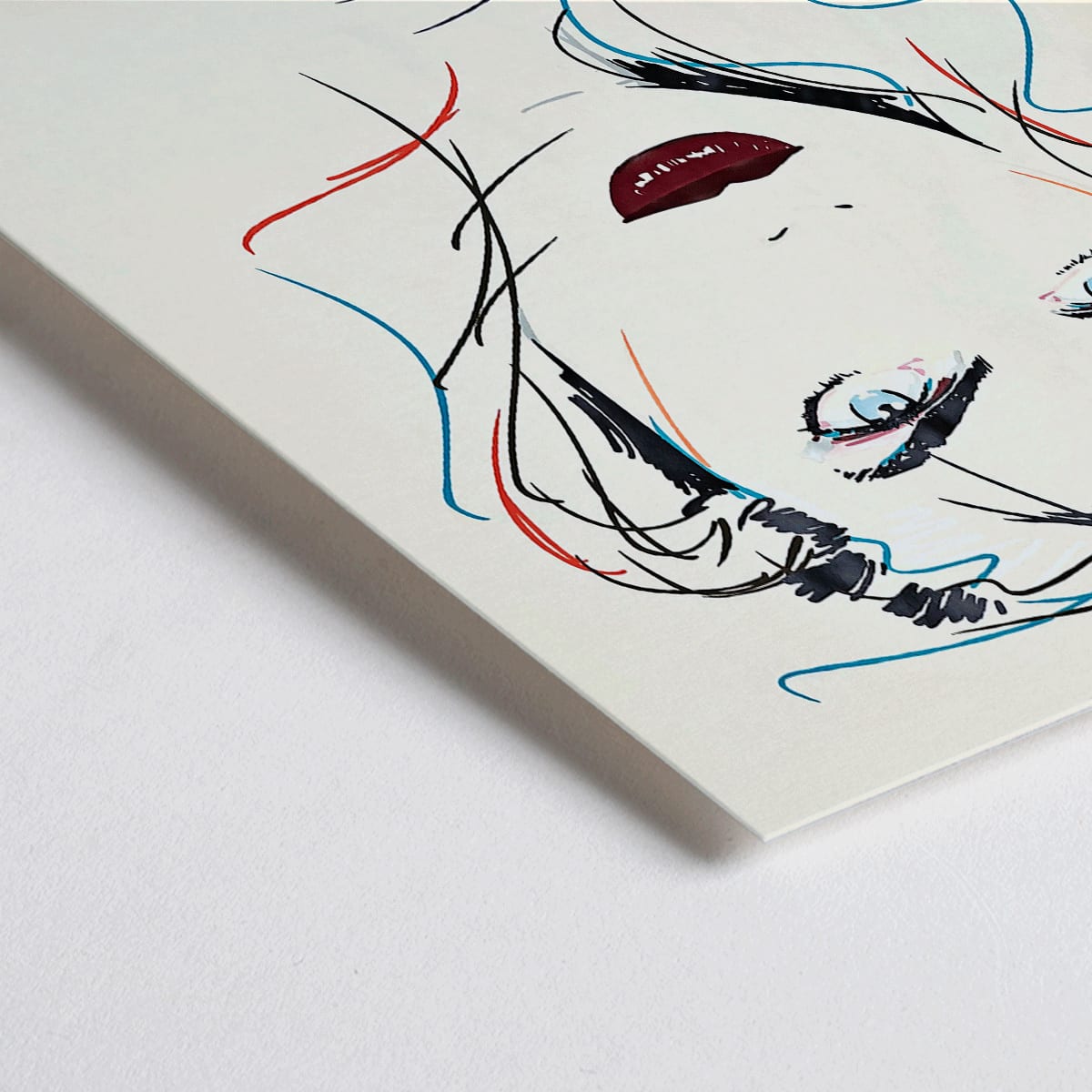 Closeup detail of Metropolis Julie female portrait by Dennis Mukai colorful abstract lines bold lips poster at Art World Expo