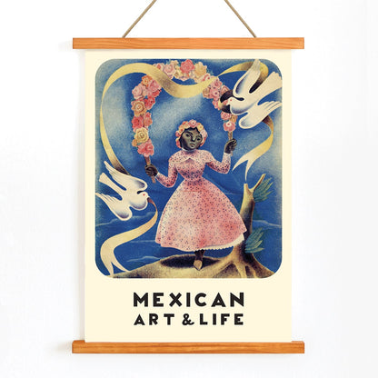 Mexican Art and Life cover and poster by Diego Rivera featuring a girl in a pink dress with floral crown and two white doves, with wooden magnetic frame on white background