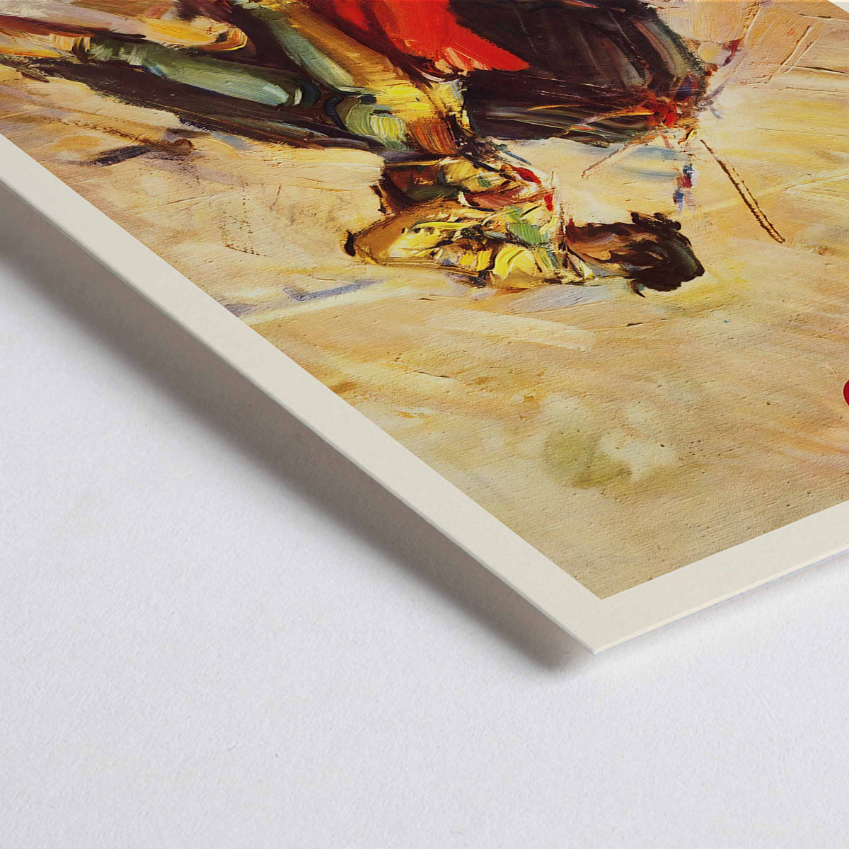 Closeup detail of Mexico travel poster by Carlos Ruano Llopis showing a matador facing a bull in a dramatic vintage tourism scene
