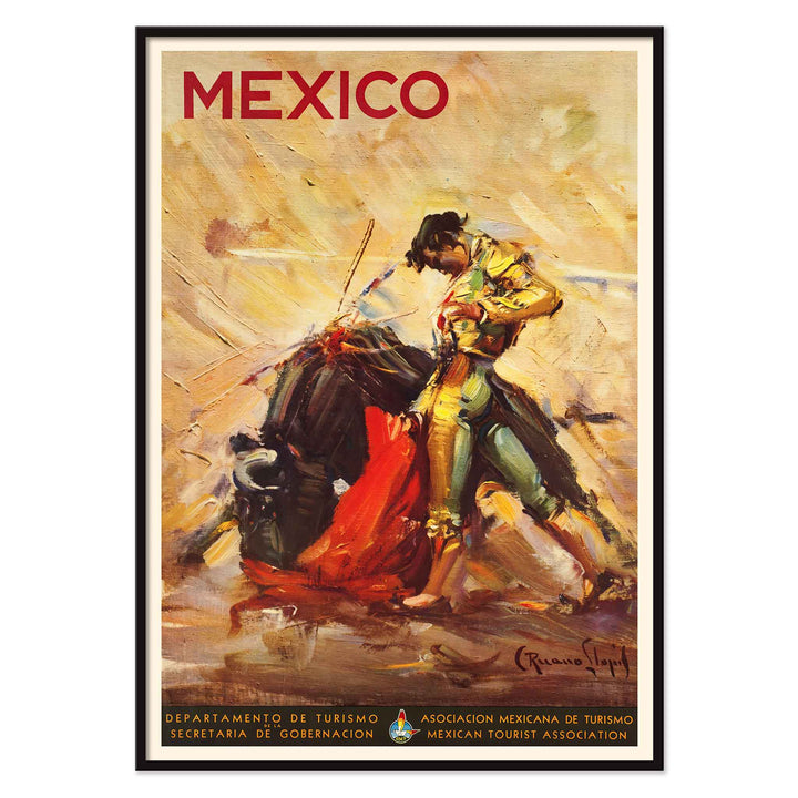 Mexico travel poster by Carlos Ruano Llopis showing a matador facing a bull in a dramatic vintage tourism scene, with black aluminium frame on white background
