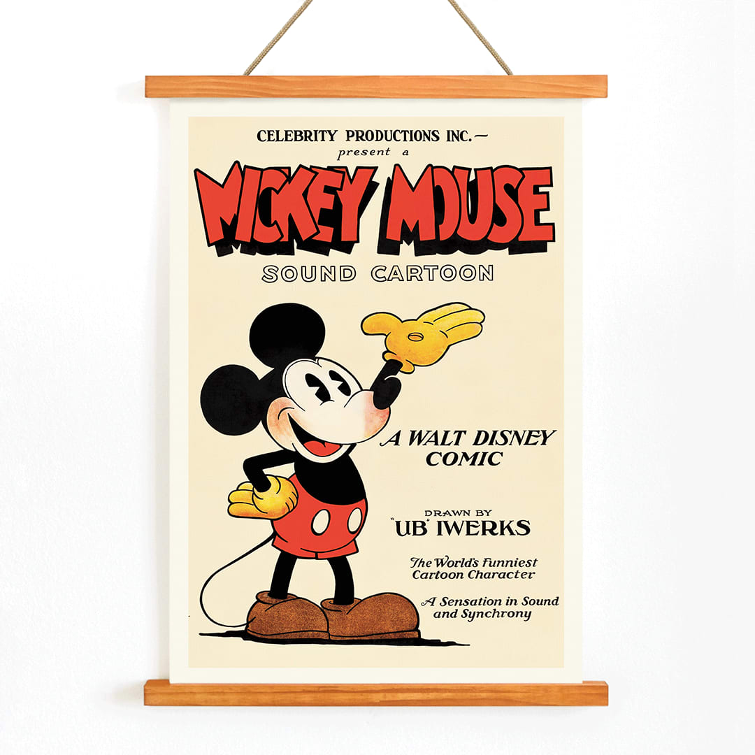 Mickey Mouse poster by Ub Iwerks and Walt Disney featuring Sound Cartoon comic artwork with Mickey smiling in yellow gloves and red shorts, with wooden magnetic frame on white background