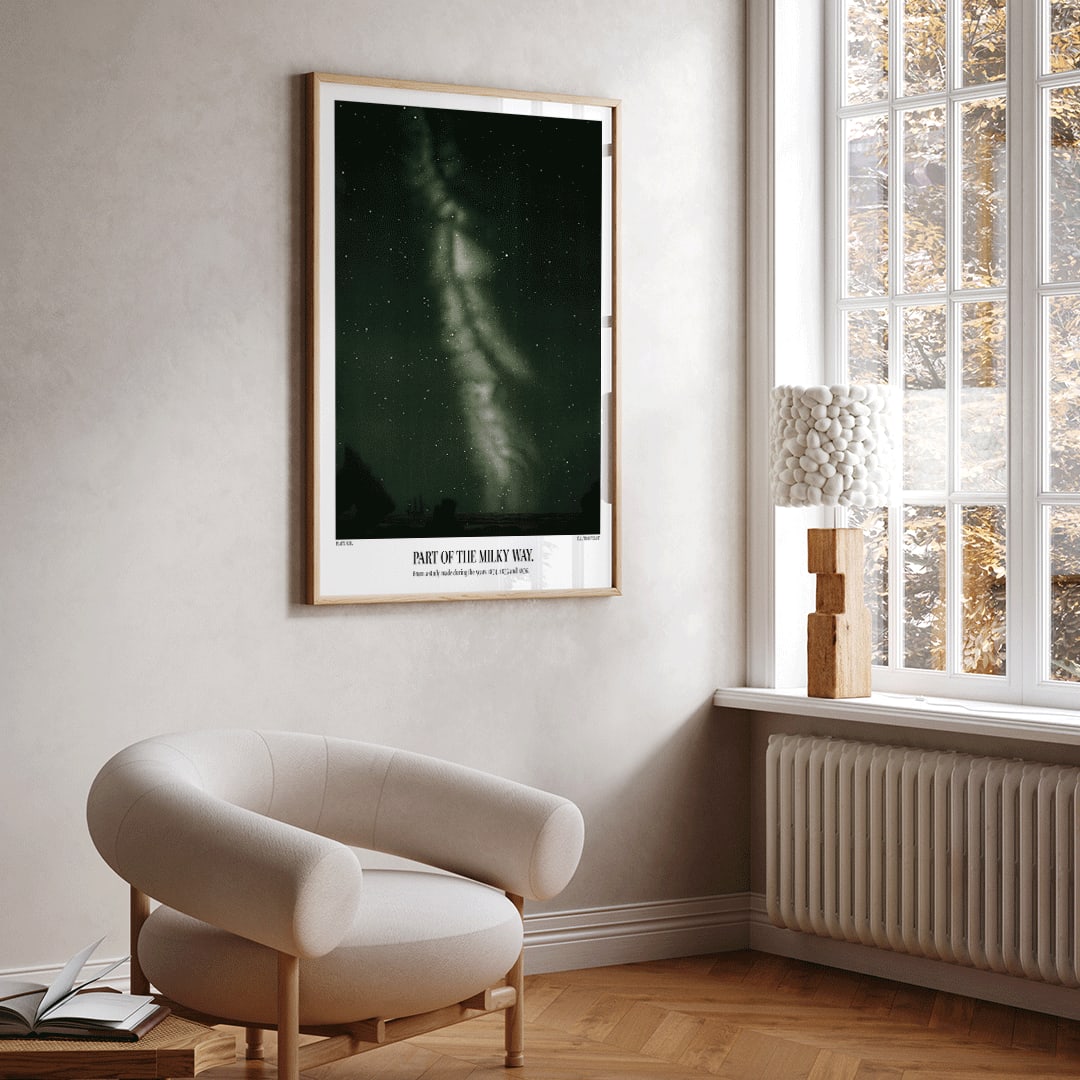 Starry night sky with the Milky Way by E L Trouvelot poster titled Part of the Milky Way, framed and displayed in home decor