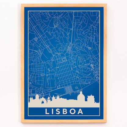 Minimalist Lisbon Map artwork in blue and white showing city map skyline and landmarks silhouette poster, framed and displayed in modern living room decor