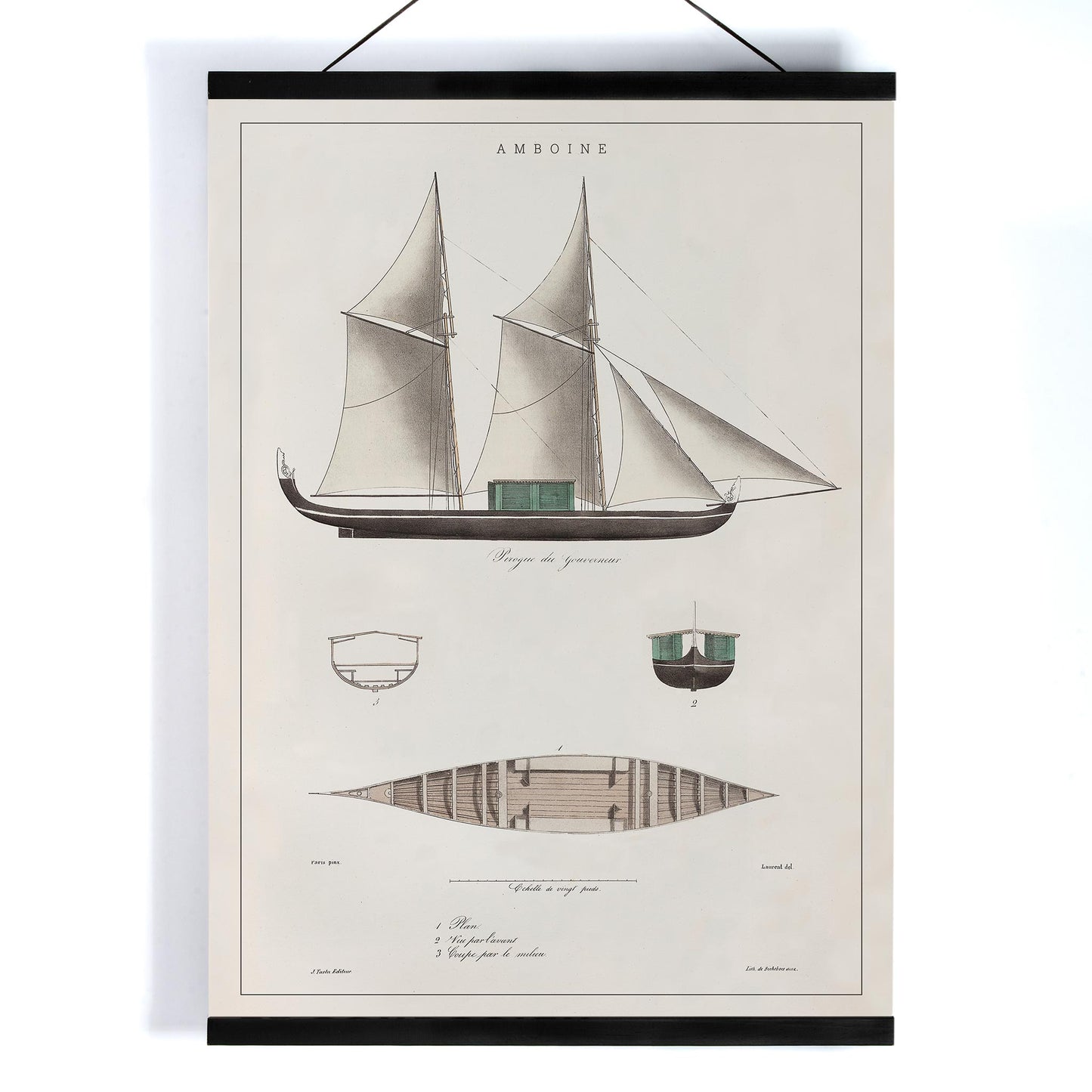 Amboine by J Tastu minimalist sailing ship poster with detailed hull and sail diagrams in soft beige tones, with wooden magnetic frame on white background