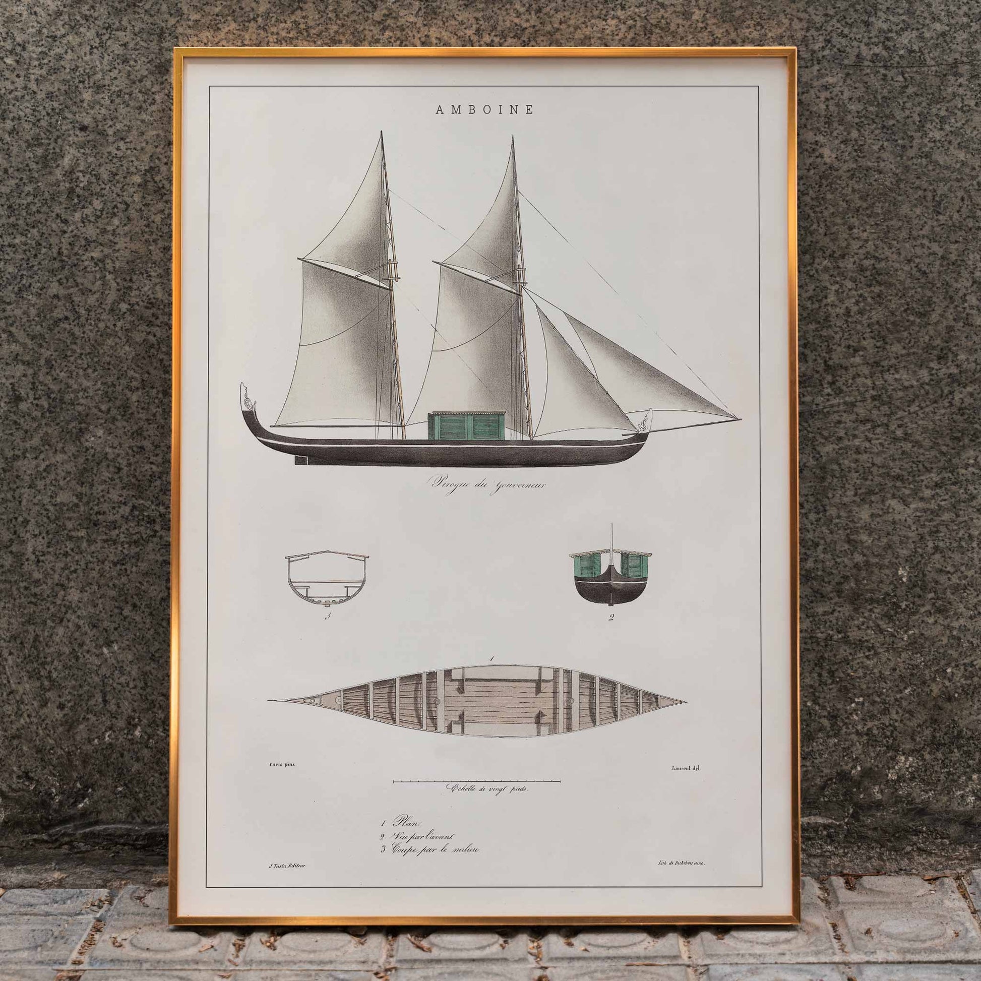 Amboine by J Tastu minimalist sailing ship poster with detailed hull and sail diagrams in soft beige tones, framed and displayed in home decor
