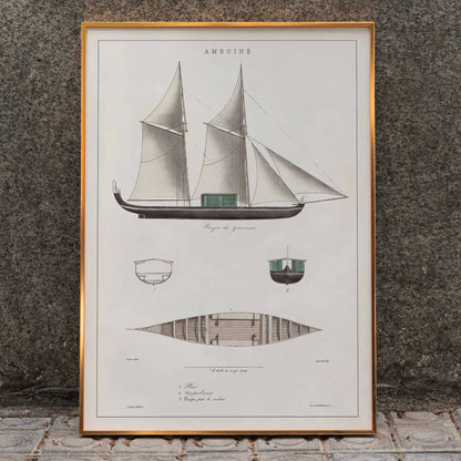 Amboine by J Tastu minimalist sailing ship poster with detailed hull and sail diagrams in soft beige tones, framed and displayed in home decor