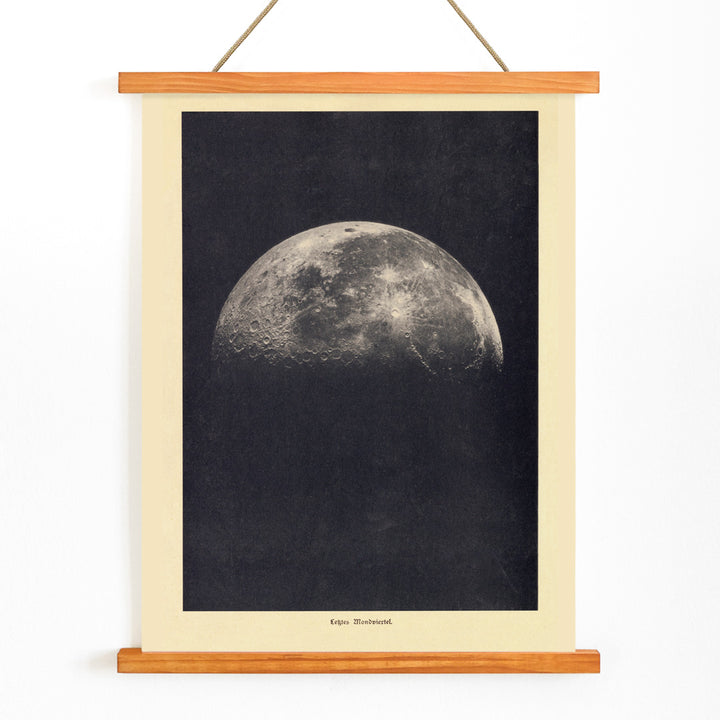 Black and white lunar surface artwork and detailed moon illustration poster by Institute of Liepzig wall art for home decor, with wooden magnetic frame on white background