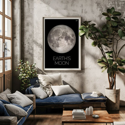 NASA poster of Earth Moon detailed lunar surface image with black background white border and labeled Moon, framed and displayed in home decor