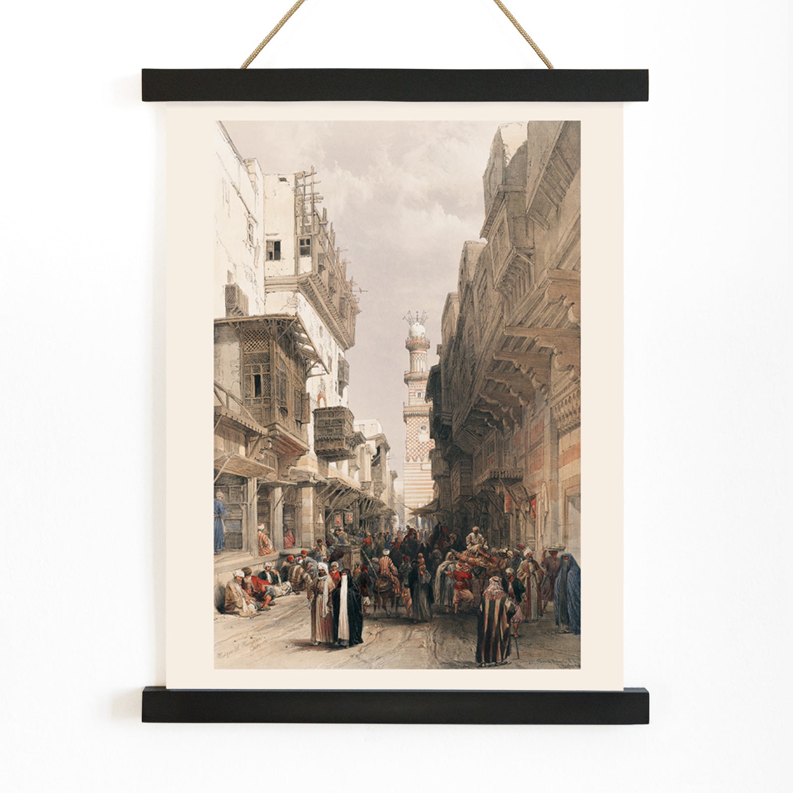 Bustling Cairo street scene with Mosque The Mooristan and people illustrated by David Roberts, with wooden magnetic frame on white background