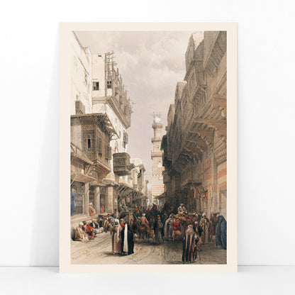 Bustling Cairo street scene with Mosque The Mooristan and people illustrated by David Roberts, framed and displayed in modern living room decor
