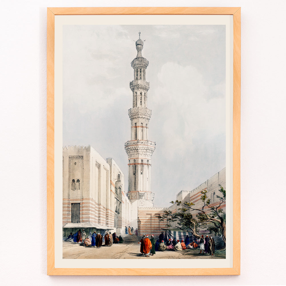Closeup detail of People gathered outside ornate minaret mosque in Cairo detailed illustration by David Roberts