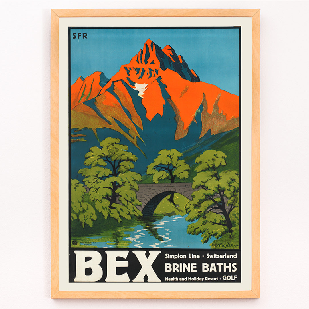 Closeup detail of Colorful vintage Swiss mountain landscape with stone bridge and river artwork Bex Brine Baths by Aime Felix Nicollerat