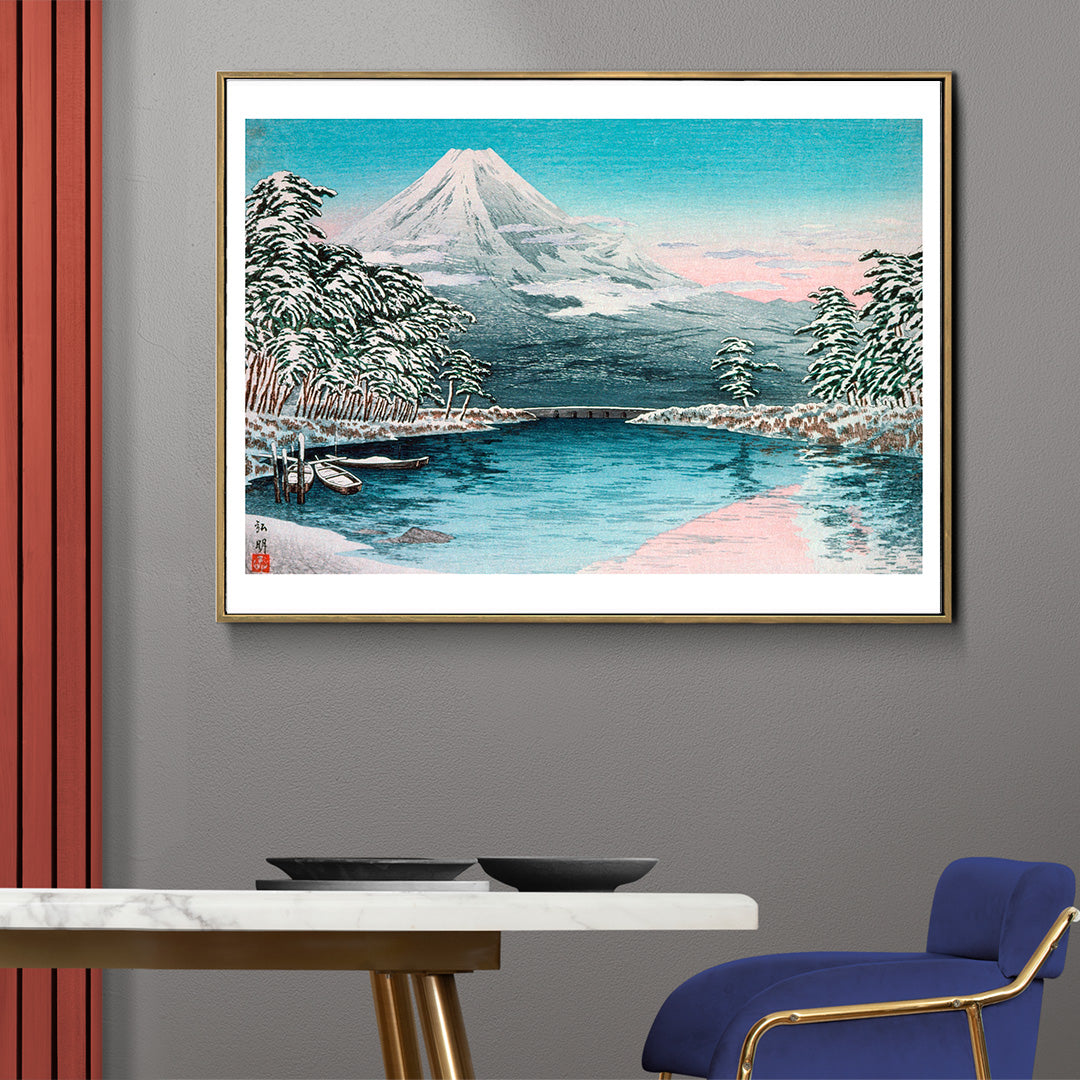 Snow covered Mount Fuji with river trees tranquil lake boats and pine trees Mt Fuji from Tagonoura by Takahashi Hiroaki Japanese landscape art, framed and displayed in home decor
