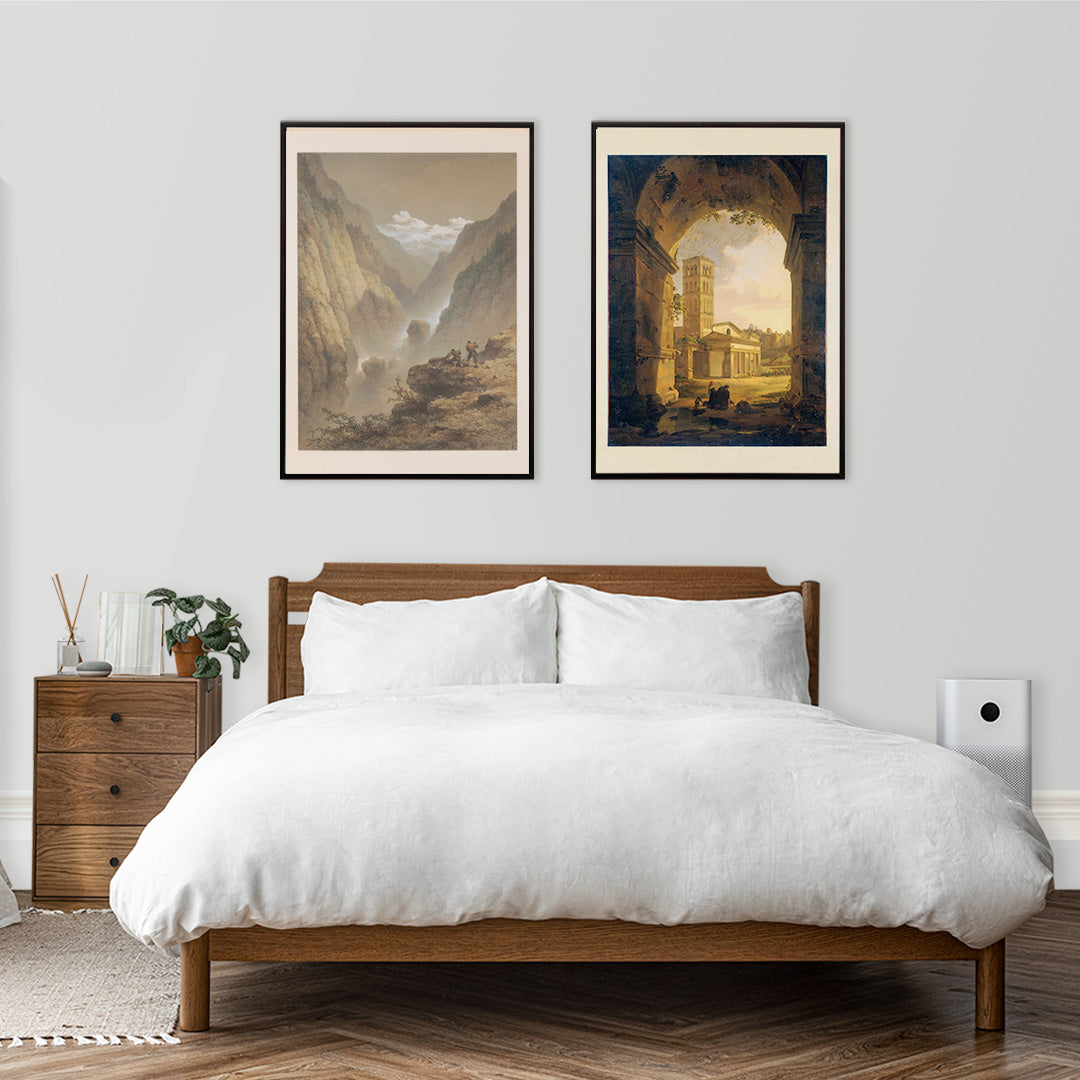 Two men hiking in dramatic mountain landscape poster by Johannes Hilverdink showing two guys in rocky mountains artwork, framed and displayed in home decor