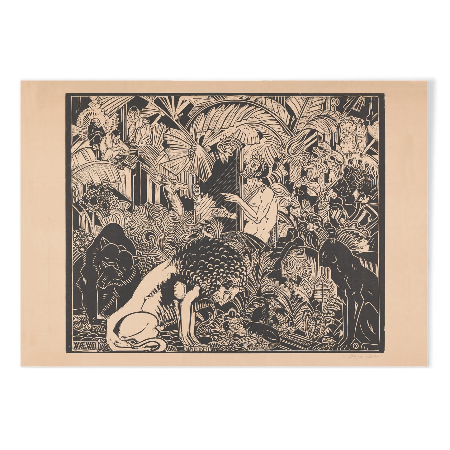 Orpheus playing harp surrounded by animals in lush jungle artwork by Henri van der Stok poster, with black aluminium frame on white background
