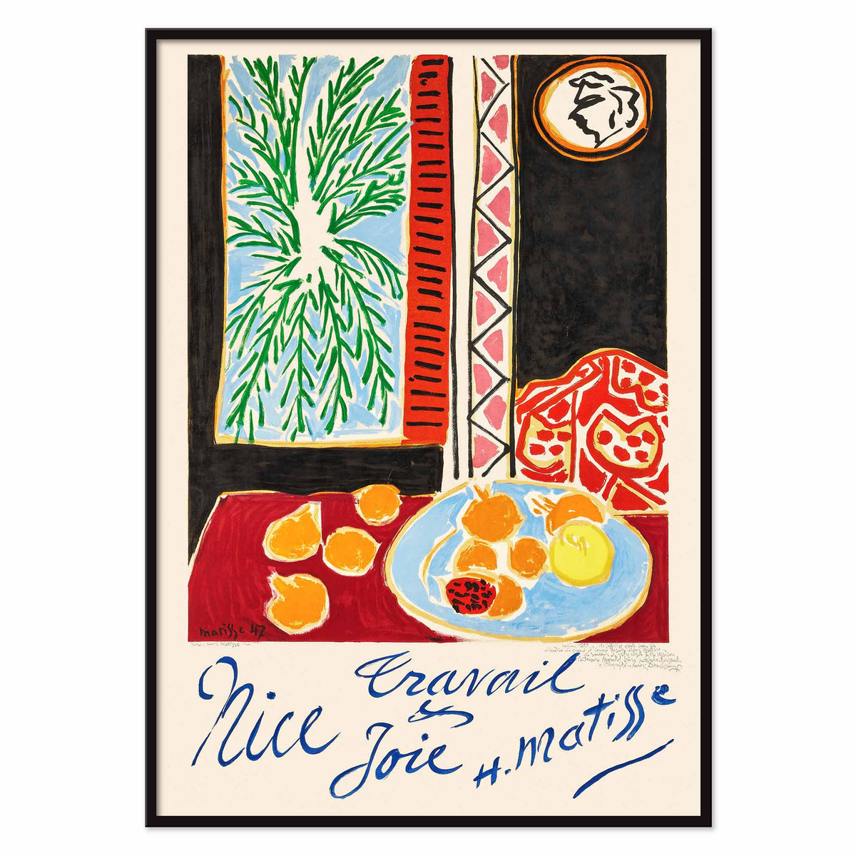Henri Matisse Nice Travail et Joie poster with palm fronds, fruit on a blue plate, and bold red and black shapes, with black aluminium frame on white background
