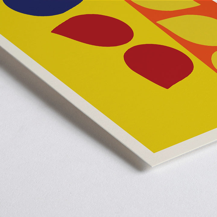Closeup detail of Exhibition poster by Ib Geertsen with colorful geometric shapes in yellow red and blue on an orange and yellow background