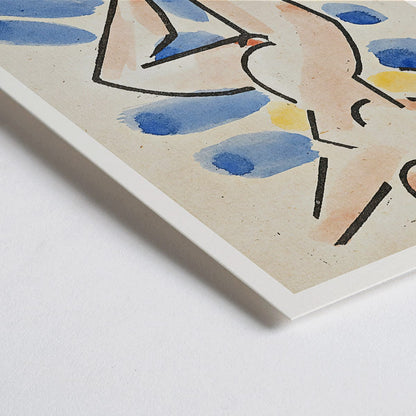 Closeup detail of Colorful abstract watercolor painting and poster of a nude figure in blues and pinks titled Nude by Vaclav Spala