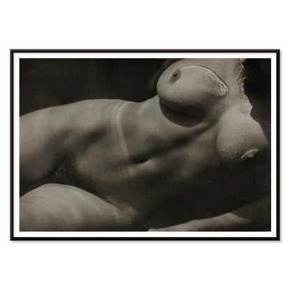 Black and white artistic photograph of reclining nude female torso Rebecca Salsbury Strand by Alfred Stieglitz, with black aluminium frame on white background