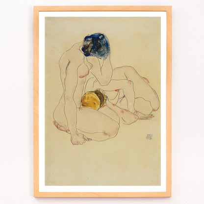 Closeup detail of Two Friends by Egon Schiele poster featuring two nude figures in an intimate seated pose with expressive linework artwork