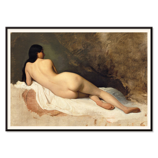 Study of a Reclining Nude by Isidore Pils poster featuring a nude woman lying on white fabric against a textured background, with black aluminium frame on white background