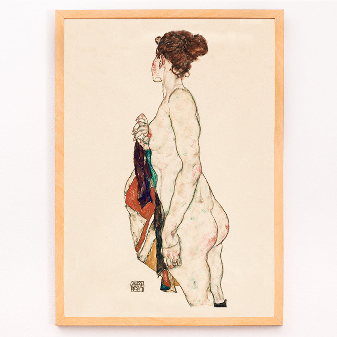 Closeup detail of Standing nude woman with a patterned robe artwork by Egon Schiele side view and colorful robe poster
