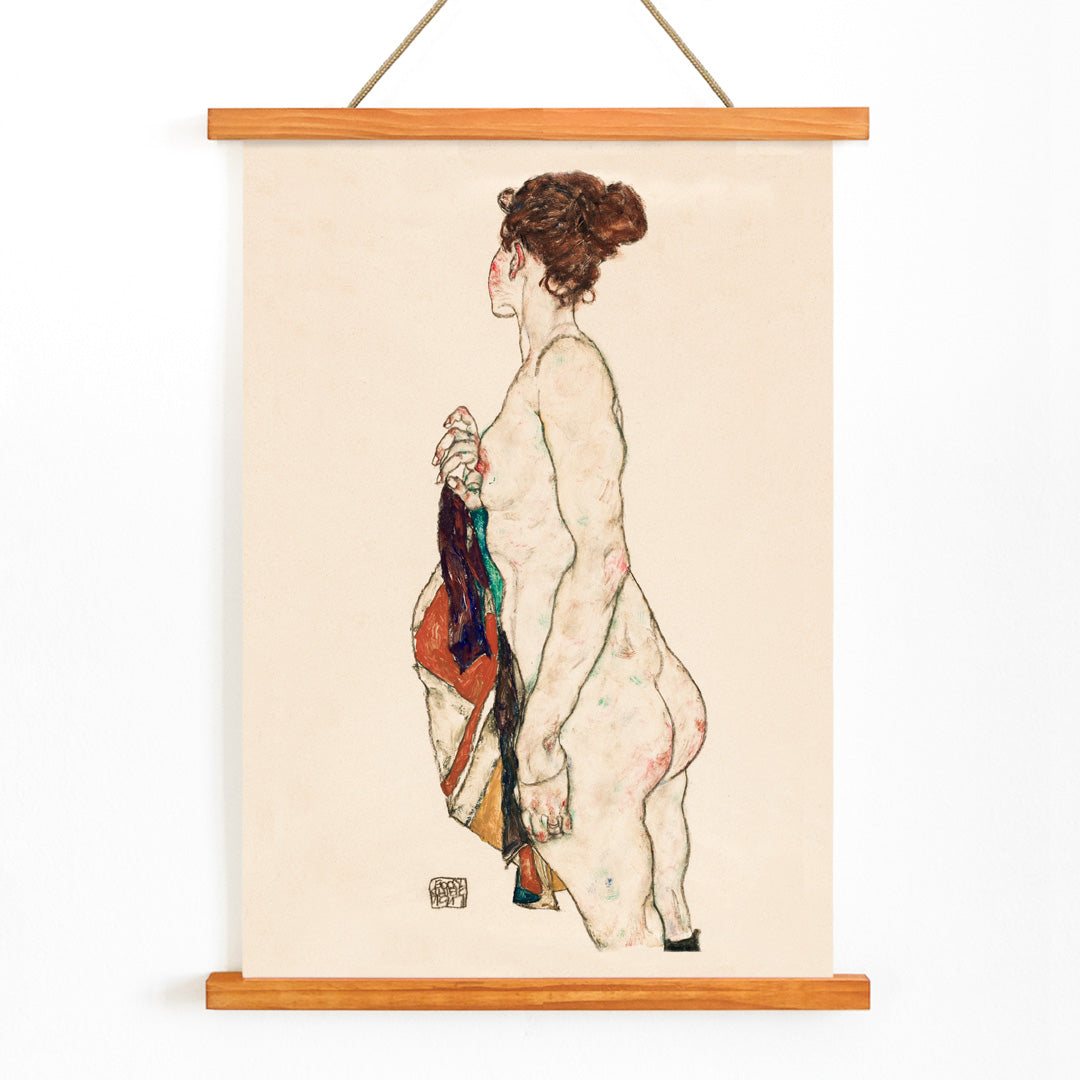Standing nude woman with a patterned robe artwork by Egon Schiele side view and colorful robe poster, with wooden magnetic frame on white background