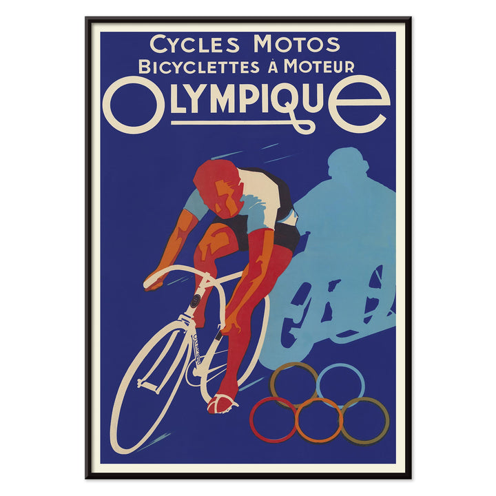 Affiches Gaillard Cycles olympique poster featuring a racing cyclist, bold lettering, blue background, and Olympic rings in vintage style, with black aluminium frame on white background