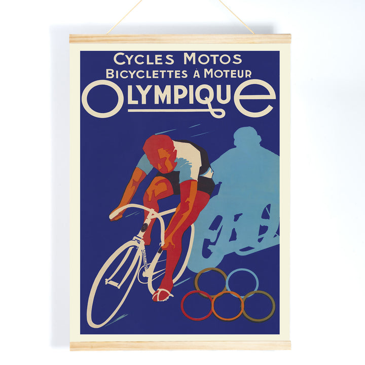 Affiches Gaillard Cycles olympique poster featuring a racing cyclist, bold lettering, blue background, and Olympic rings in vintage style, with wooden magnetic frame on white background