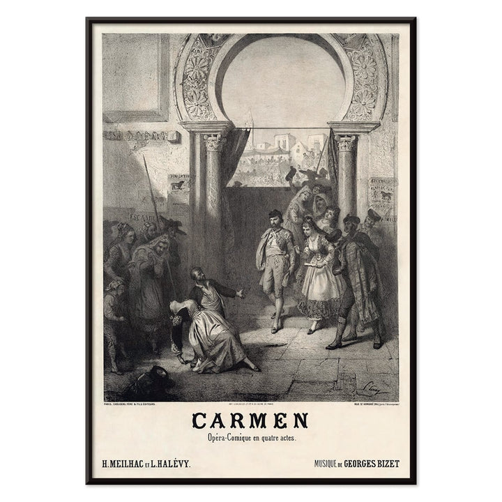Promotional poster for Carmen by Georges Bizet published by Choudens featuring characters in a dramatic scene under an archway, with black aluminium frame on white background