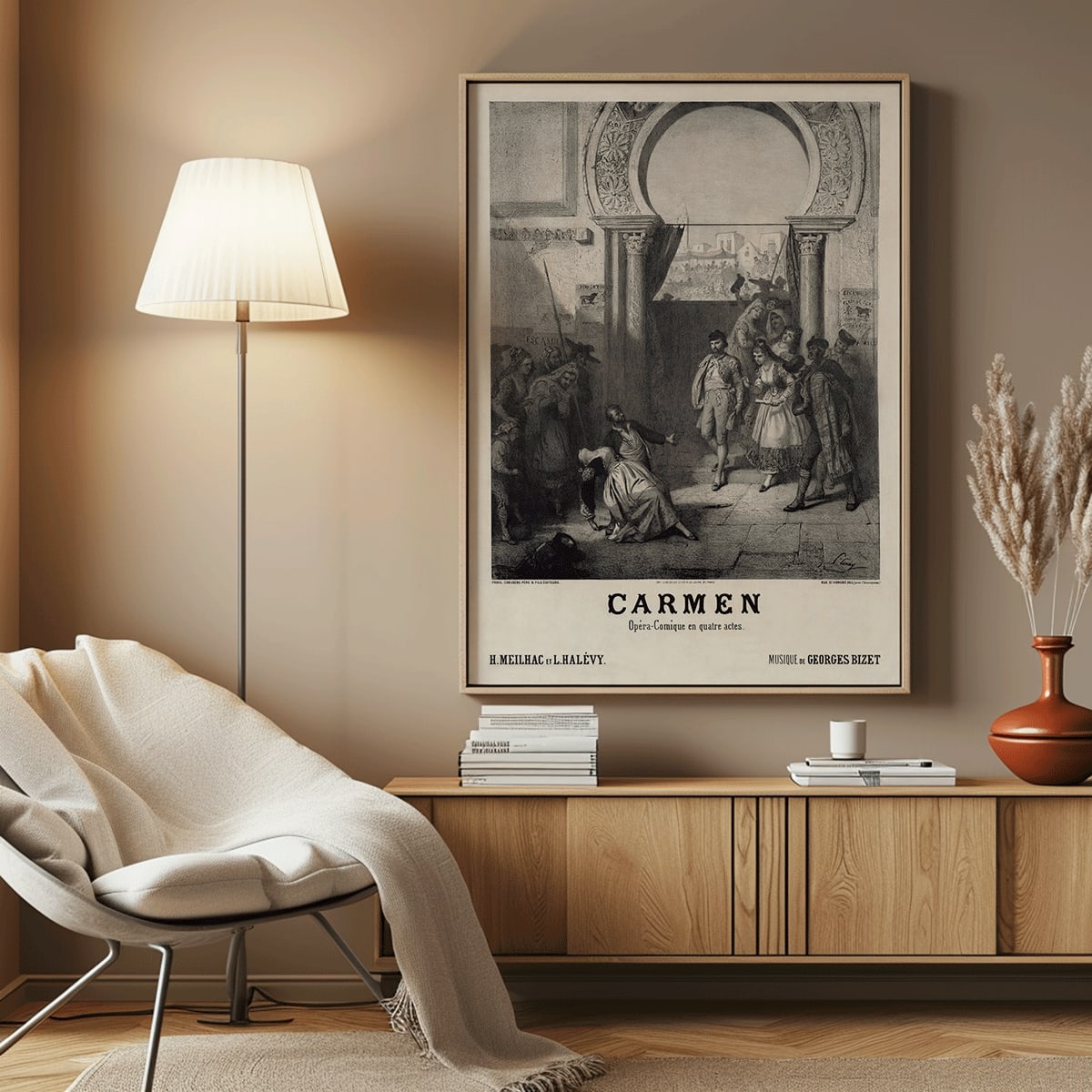 Promotional poster for Carmen by Georges Bizet published by Choudens featuring characters in a dramatic scene under an archway, framed and displayed in home decor