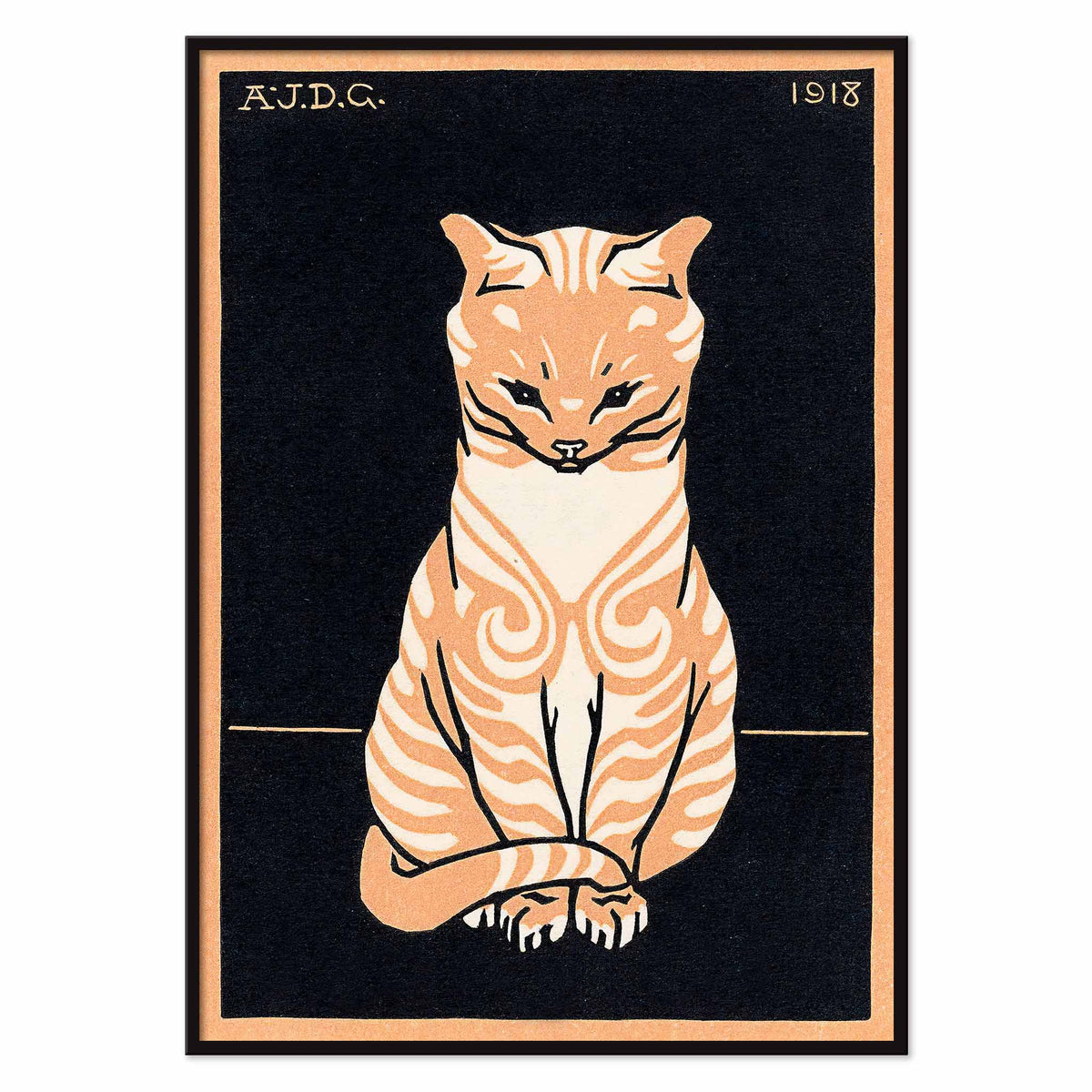 Julie de Graag Orange Seated Cat poster with striped tabby, pale chest and curled tail on black background, with black aluminium frame on white background