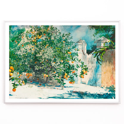 Closeup detail of Orange Trees And Gate by Winslow Homer watercolor painting poster featuring lush orange trees and a white picket gate in a sunny garden scene