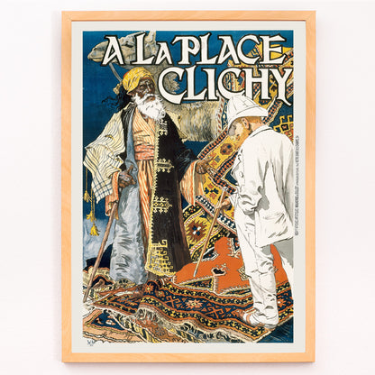 Closeup detail of Colorful market scene with two men on ornate patterned rugs poster with bold text A la Place Clichy by Eugene Grasset