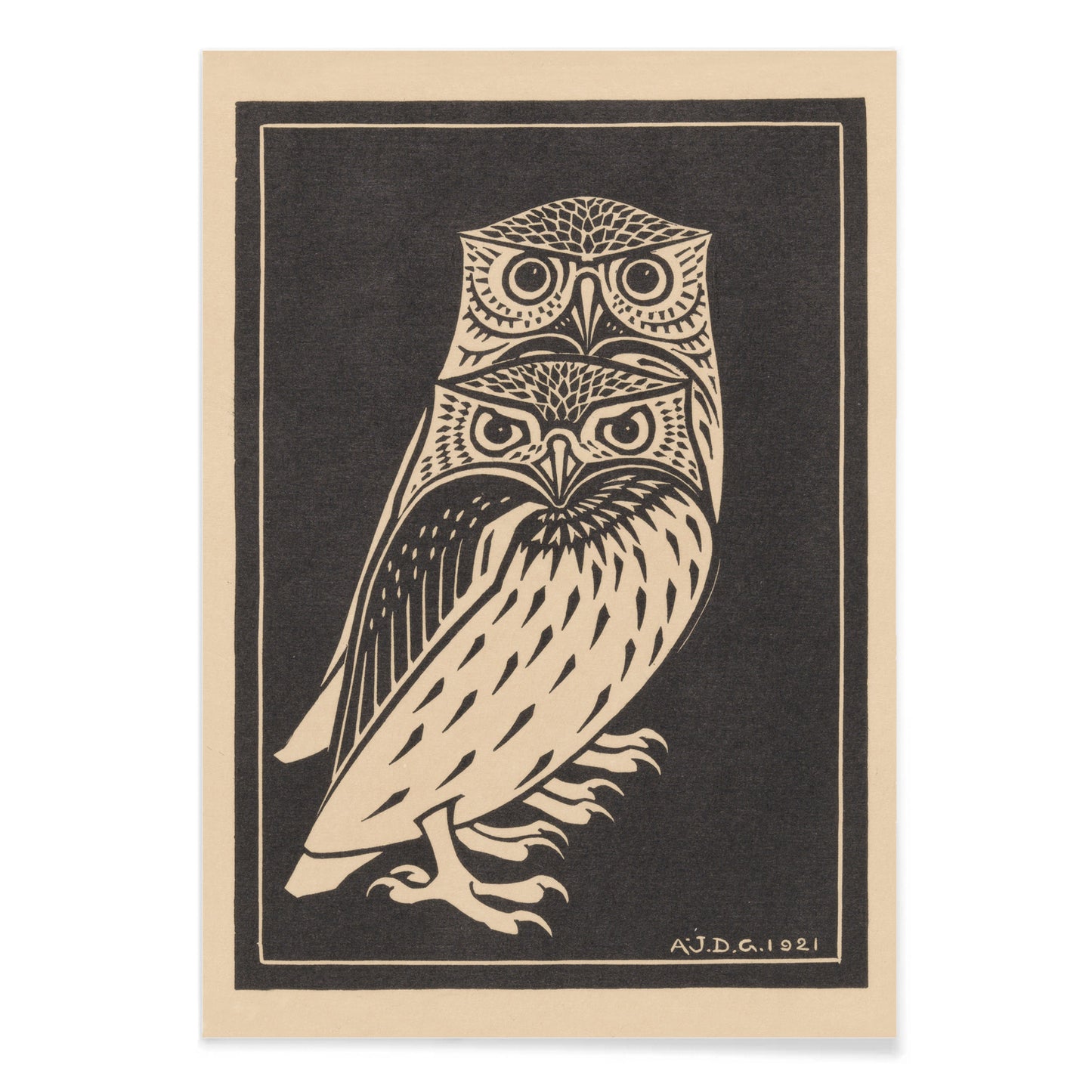 Stylized black and white owls artwork by Julie de Graag titled Two black and white owls illustration and poster, with black aluminium frame on white background