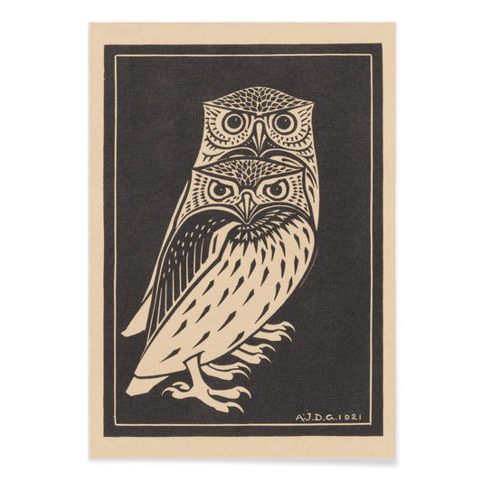 Stylized black and white owls artwork by Julie de Graag titled Two black and white owls illustration and poster, with black aluminium frame on white background