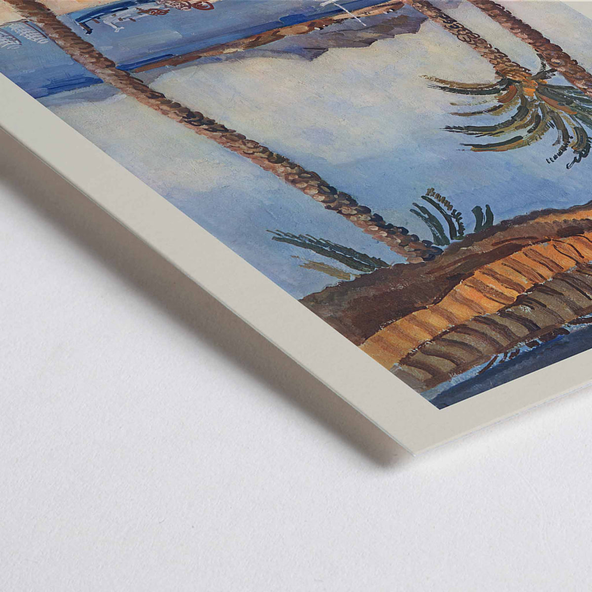 Closeup detail of Edmond Céria French Riviera Railway poster with palm trees, blue sea, sandy beach, ochre canopies, vintage travel style