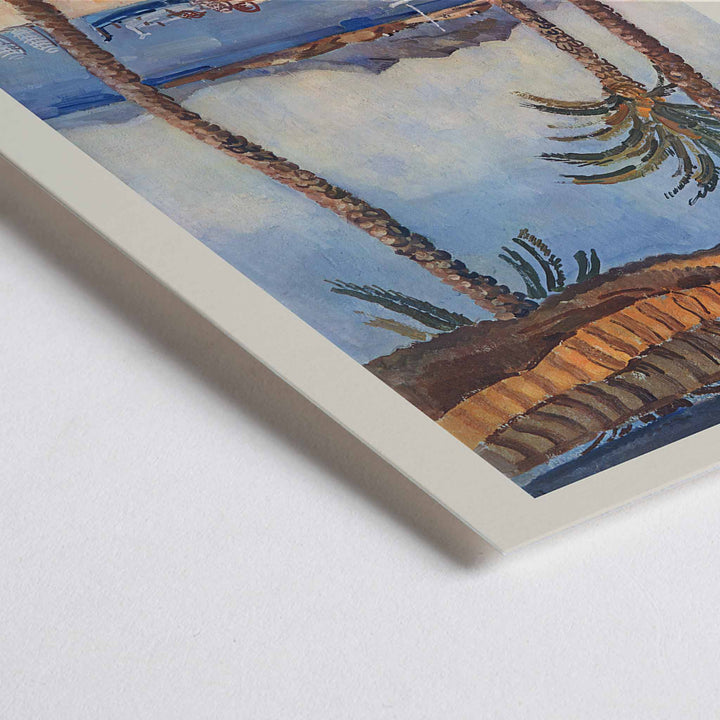 Closeup detail of Edmond Céria French Riviera Railway poster with palm trees, blue sea, sandy beach, ochre canopies, vintage travel style