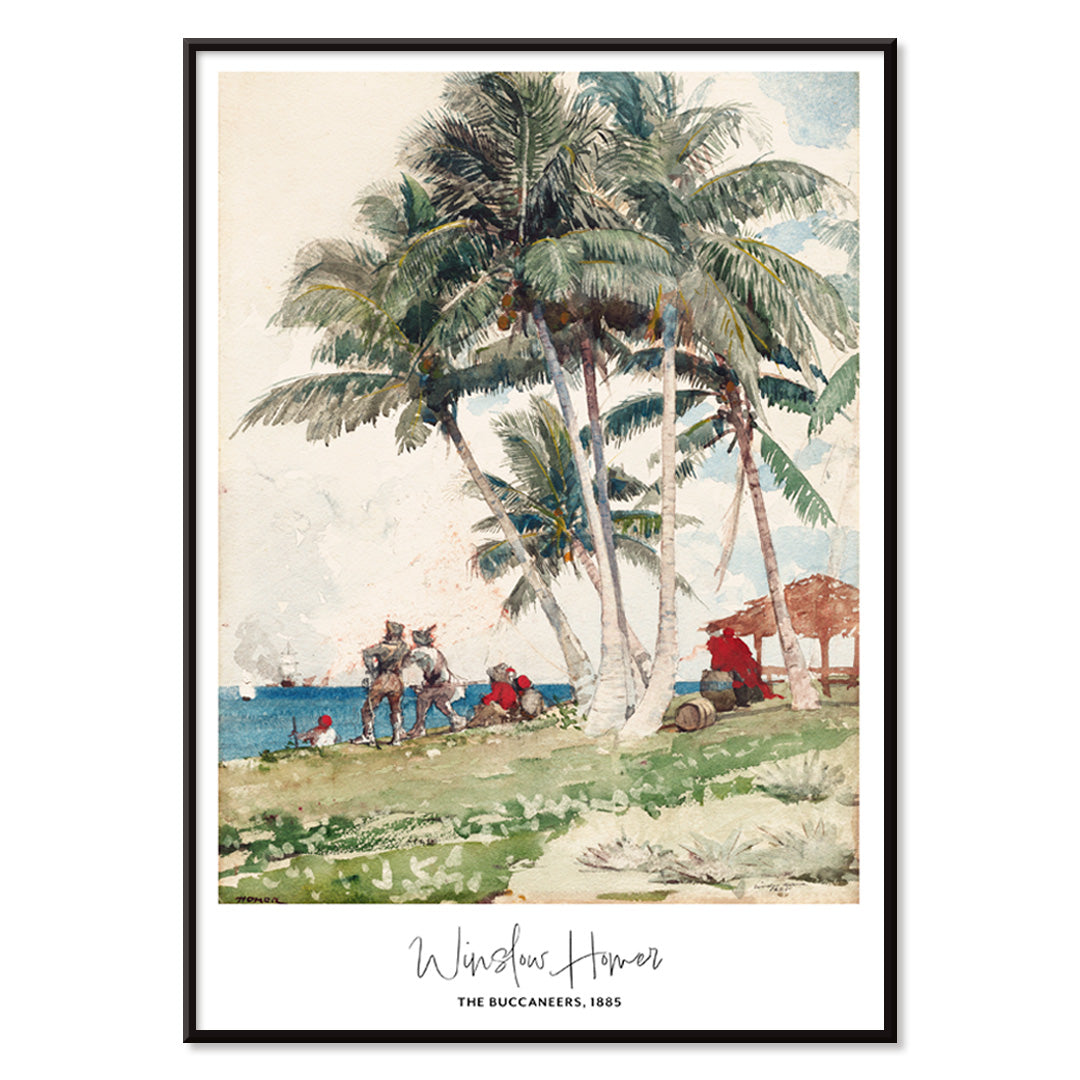 The Buccaneers by Winslow Homer poster featuring pirates under palm trees on a tropical beach with a ship in the background, with black aluminium frame on white background