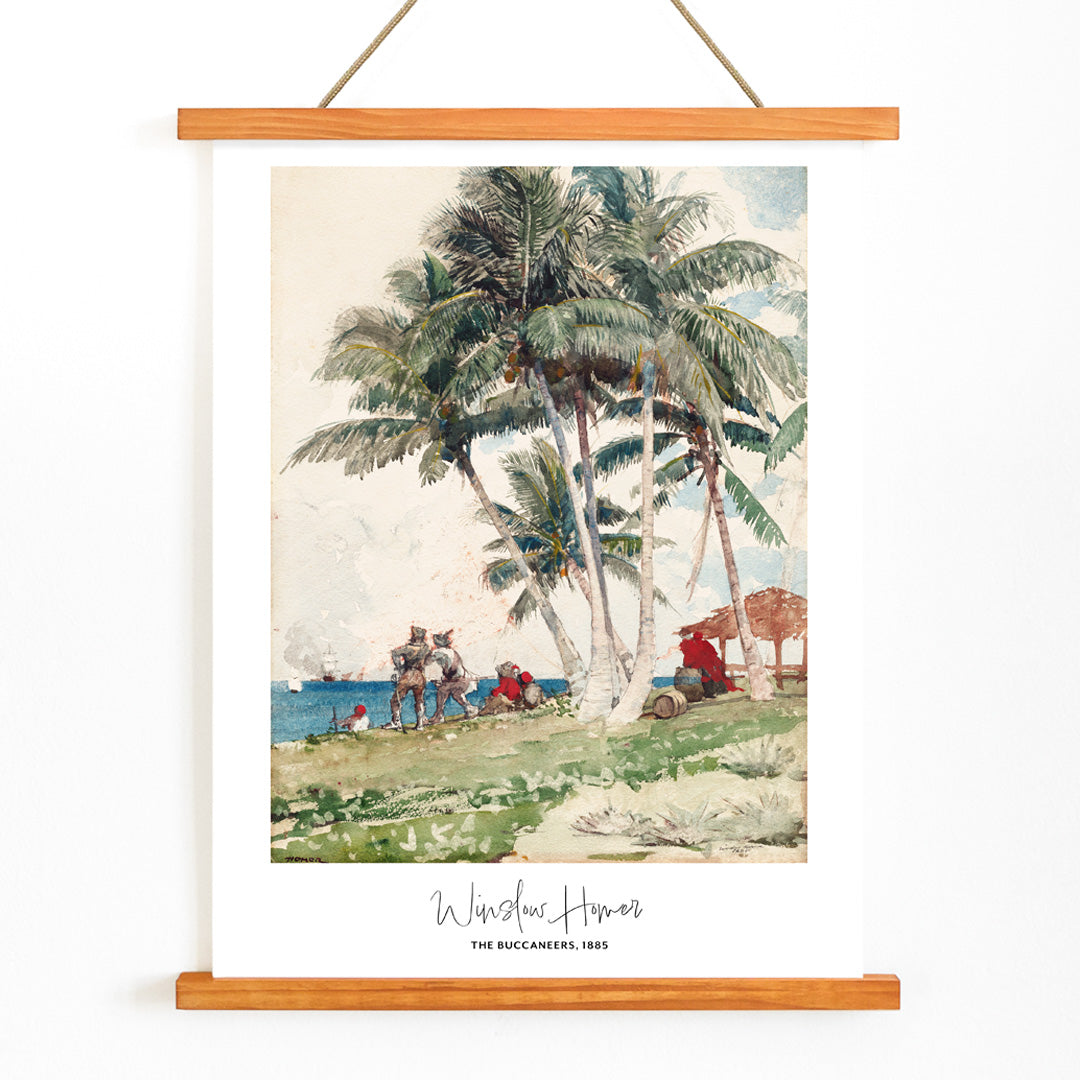 The Buccaneers by Winslow Homer poster featuring pirates under palm trees on a tropical beach with a ship in the background, with wooden magnetic frame on white background