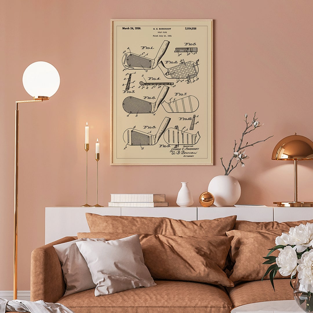 Golf club patent illustration by GE Barnhart showing detailed diagrams and labeled parts, framed and displayed in home decor