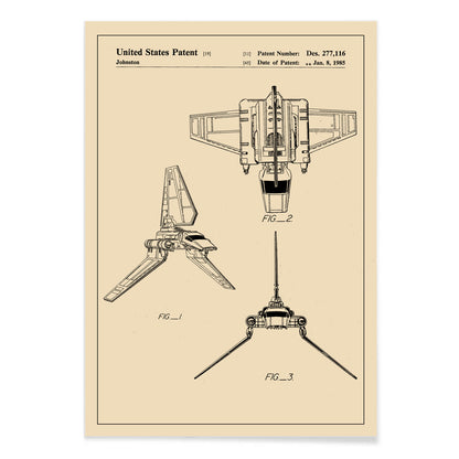 Technical drawings and vintage poster of Star Wars Imperial Shuttle patent artwork by Joe Johnston, with black aluminium frame on white background