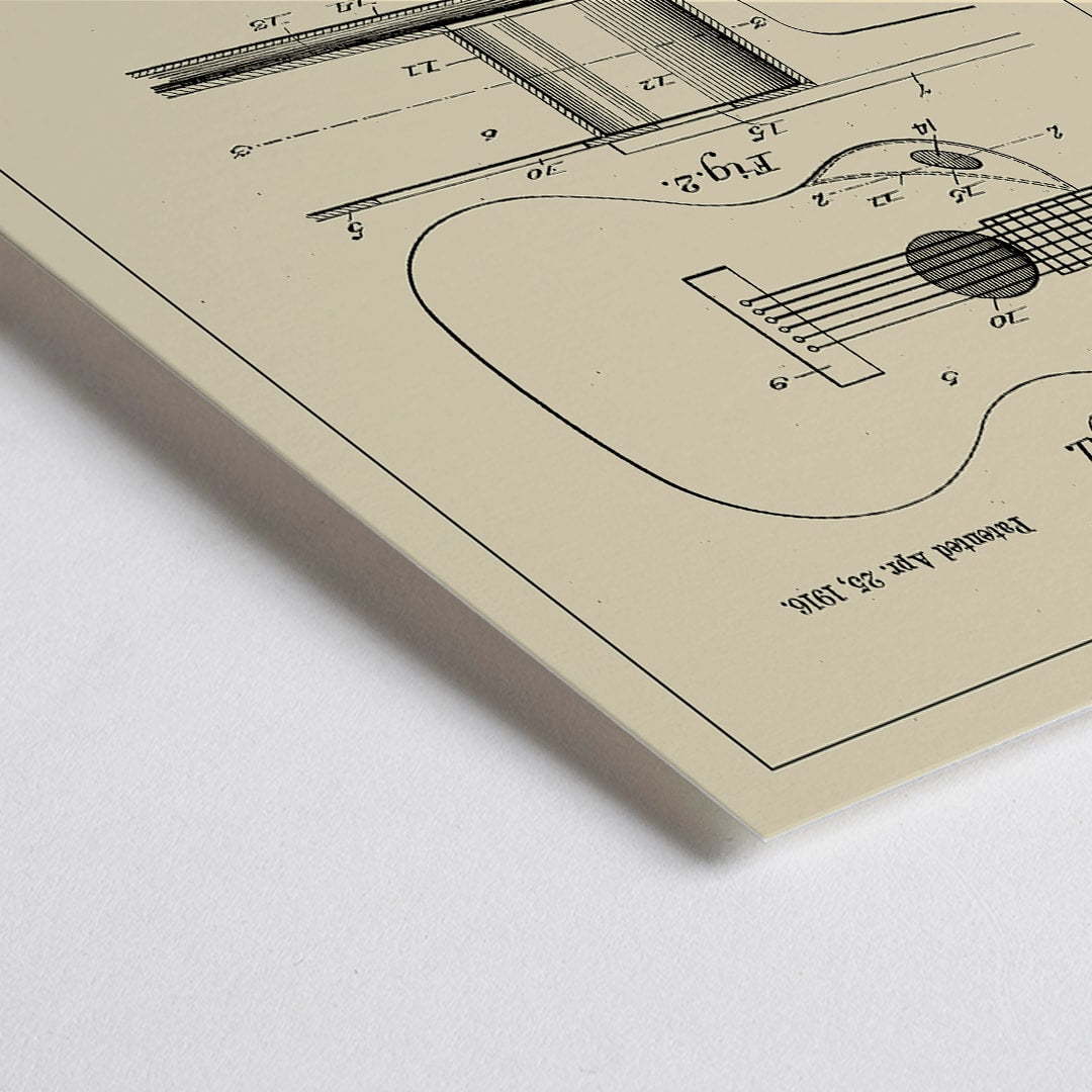 Closeup detail of Musical Instrument Patent by H Ernst with detailed technical drawings of a stringed instrument and guitar patent illustration poster