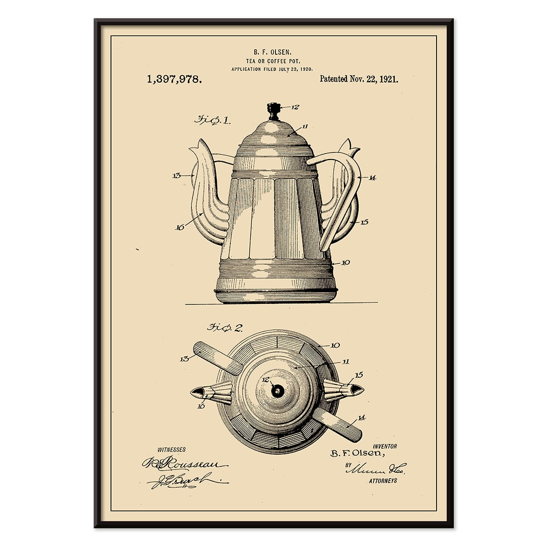Patent illustration and technical drawing poster of tea or coffee pot by B F Olsen with detailed views and patent information, with black aluminium frame on white background