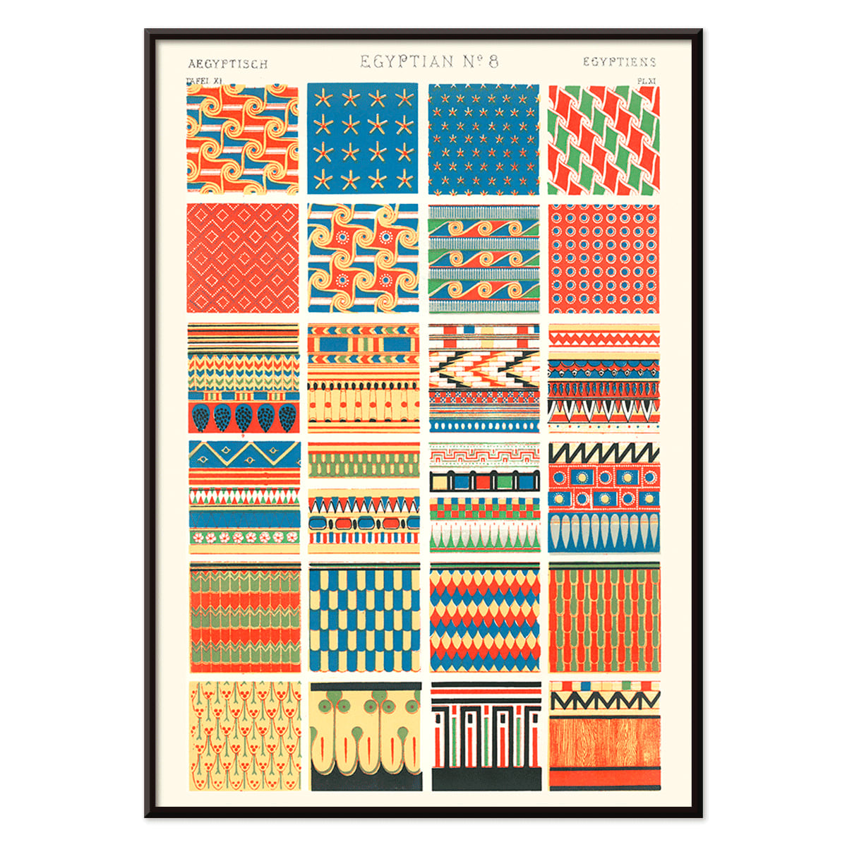 Vibrant Egyptian patterns by Owen Jones from Century Grammar of Ornament featuring artwork Egyptian 8 decorative poster, with black aluminium frame on white background